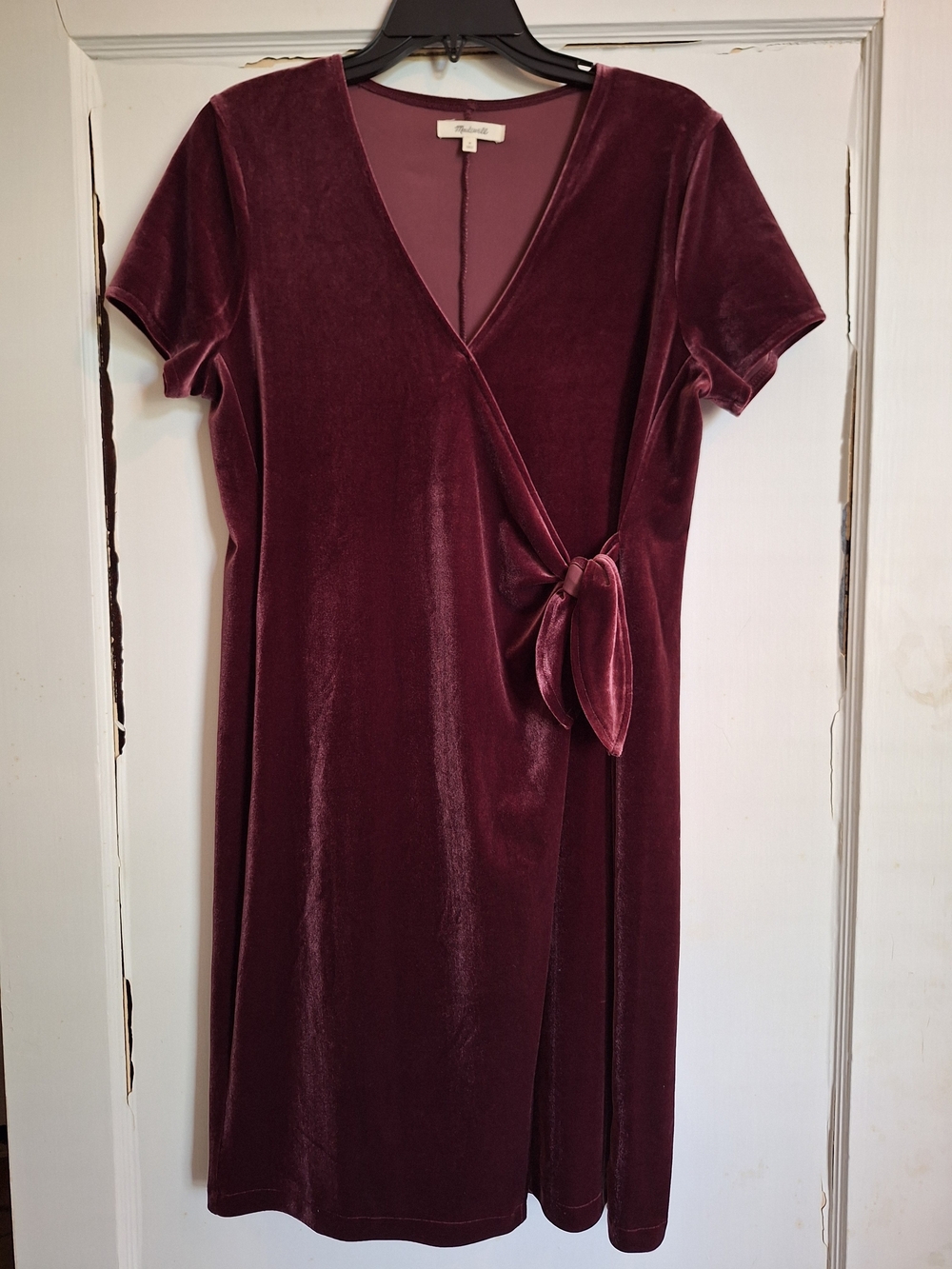 Madewell Burgundy Velvet Faux Wrap Dress Short Slv V-Neck Side Tie Women Sz M